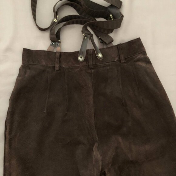 Dark Brown Two Toned Suede Buttoned Suspender Pants - Picture 4 of 12
